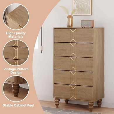 5 deep-drawer wooden dresser with vintage design for the bedroom.