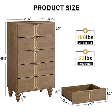 5 deep-drawer wooden dresser with vintage design for the bedroom.