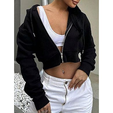 Women Zip Up Cropped Hoodie Sweatshirt Long Sleeve Drawstring Crop Jacket Top with Pockets