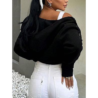 Women Zip Up Cropped Hoodie Sweatshirt Long Sleeve Drawstring Crop Jacket Top with Pockets