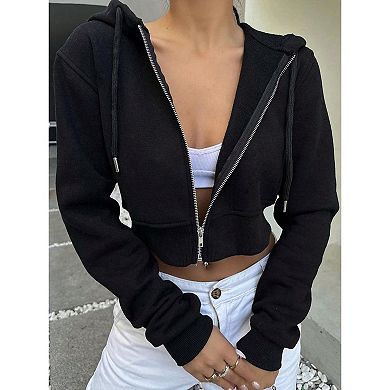 Women Zip Up Cropped Hoodie Sweatshirt Long Sleeve Drawstring Crop Jacket Top with Pockets