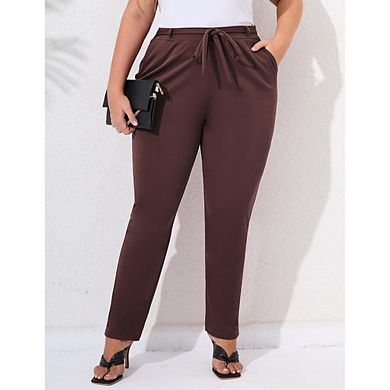 Women's Plus Size Pants Tie Front Elastic Waist Stretchy Side Pockets Casual Work