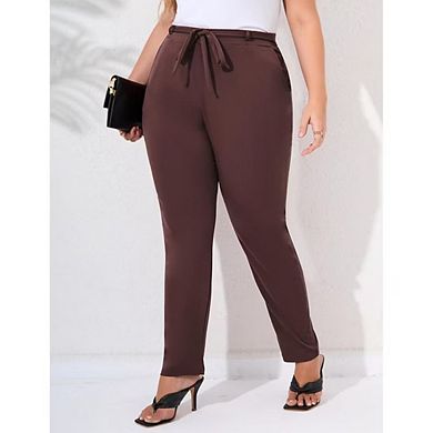 Women's Plus Size Pants Tie Front Elastic Waist Stretchy Side Pockets Casual Work