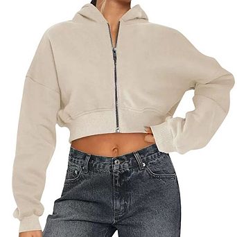 Womens Workout Long Sleeve Cropped Zip Up Hoodie Sweatshirt Jacket
