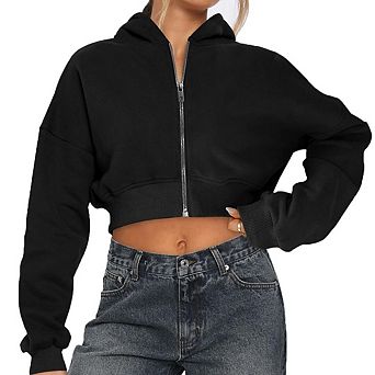 Womens Workout Long Sleeve Cropped Zip Up Hoodie Sweatshirt Jacket