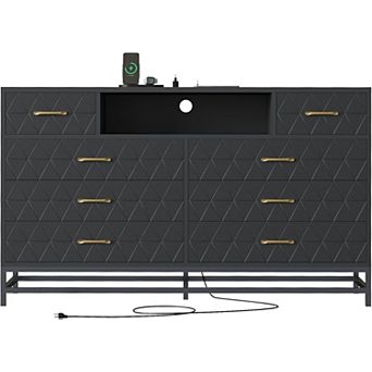 Black 8-drawer dresser with USB charging & LED lighting. A multi-purpose storage solution.