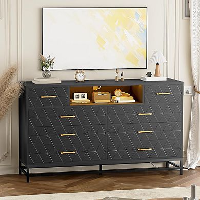 Black 8-drawer dresser with USB charging & LED lighting. A multi-purpose storage solution.