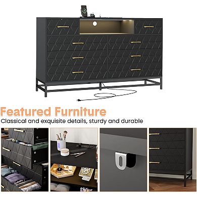 Black 8-drawer dresser with USB charging & LED lighting. A multi-purpose storage solution.