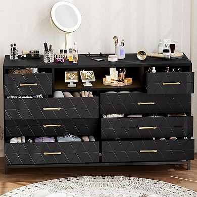 Black 8-drawer dresser with USB charging & LED lighting. A multi-purpose storage solution.