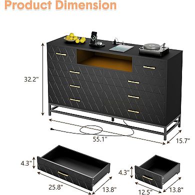 Black 8-drawer dresser with USB charging & LED lighting. A multi-purpose storage solution.