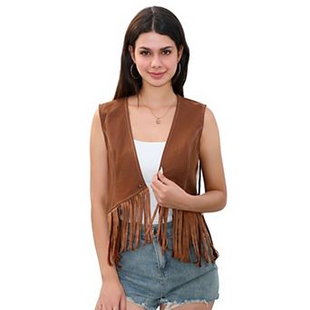 Women Tassel Sleeveless Vest One Button Fringe Jacket Cardigan