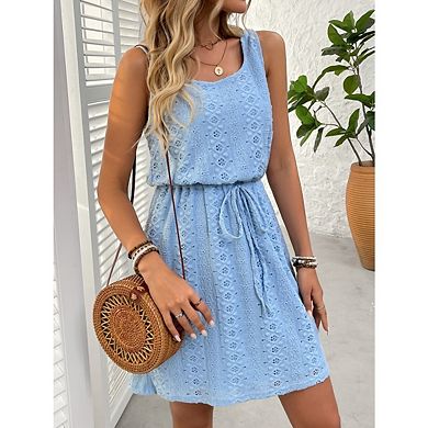 Women Hollow Out Textured Drawstring Mini Tank Dress