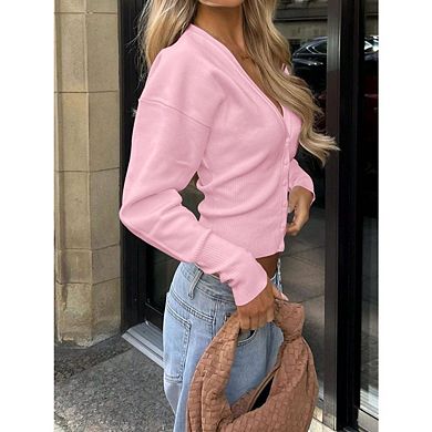Women's Button Up Cropped Cardigan Sweaters Cute Long Sleeve V Neck Cable Knit Lightweight Cardigan
