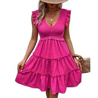 Women's Deep V-Neck Sleeveless Ruffle High-Waist Tiered Smocked Strappy Casual Mini Dress
