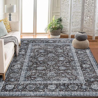 Machine Washable Boho Rug, Low Pile Lightweight Thin Floral Vintage Distress Print Pattern Carpet