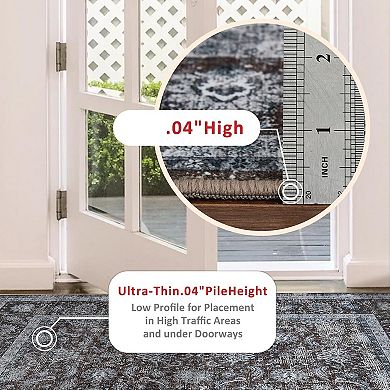 Machine Washable Boho Rug, Low Pile Lightweight Thin Floral Vintage Distress Print Pattern Carpet