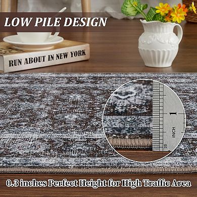 Machine Washable Boho Rug, Low Pile Lightweight Thin Floral Vintage Distress Print Pattern Carpet