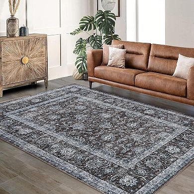 Machine Washable Boho Rug, Low Pile Lightweight Thin Floral Vintage Distress Print Pattern Carpet