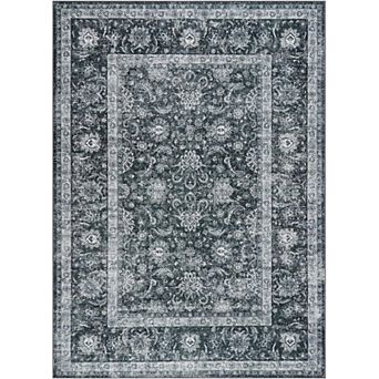 Machine Washable Boho Rug, Low Pile Lightweight Thin Floral Vintage Distress Print Pattern Carpet