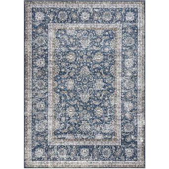 Machine Washable Boho Rug, Low Pile Lightweight Thin Floral Vintage Distress Print Pattern Carpet