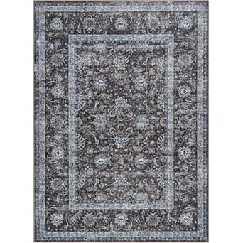 Machine Washable Boho Rug, Low Pile Lightweight Thin Floral Vintage Distress Print Pattern Carpet