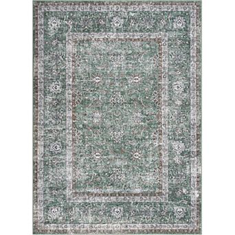 Machine Washable Boho Rug, Low Pile Lightweight Thin Floral Vintage Distress Print Pattern Carpet