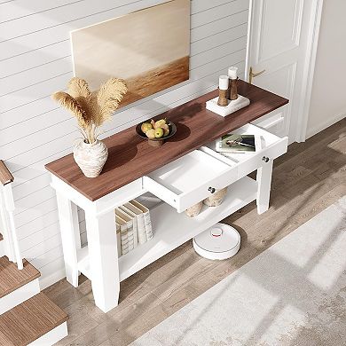 Entryway Long Console Table with Drawers, Wooden Rectangular Entryway Table w/Open Storage Shelf
