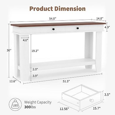 Entryway Long Console Table with Drawers, Wooden Rectangular Entryway Table w/Open Storage Shelf