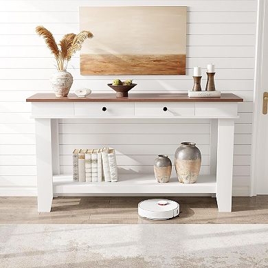 Entryway Long Console Table with Drawers, Wooden Rectangular Entryway Table w/Open Storage Shelf