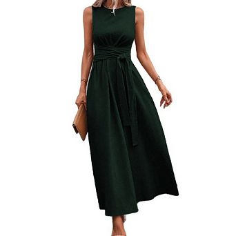 Dresses for Women Elegant Classy Sleeveless Crewneck Maxi Dresses Tie Waist Dress Vacation Dress