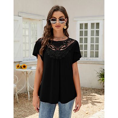 Women Lace Round Neck Casual Short Sleeve Top