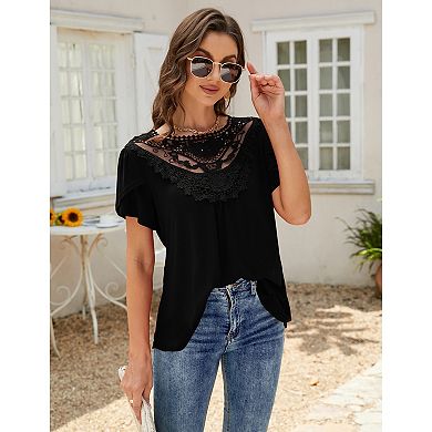Women Lace Round Neck Casual Short Sleeve Top