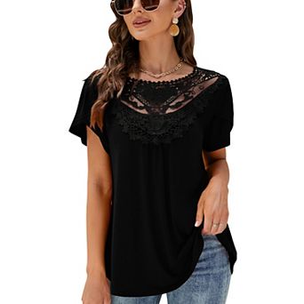 Women Lace Round Neck Casual Short Sleeve Top