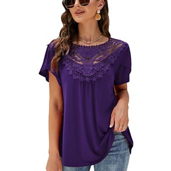 Women Lace Round Neck Casual Short Sleeve Top