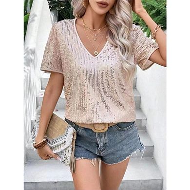 Women Sequin Short Sleeve Party ShimmerWedding V Neck Oversize Tops