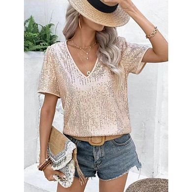 Women Sequin Short Sleeve Party ShimmerWedding V Neck Oversize Tops