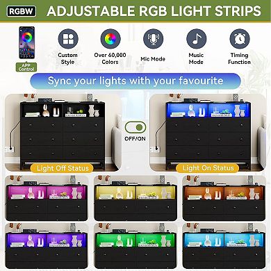 Smart 6-drawer dresser with charging hub & LED light, doubles as a sturdy TV stand.