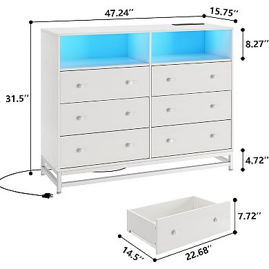 Smart 6-drawer dresser with charging hub & LED light, doubles as a sturdy TV stand.