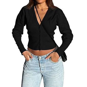 Women's Button Up Cropped Cardigan Sweaters Cute Long Sleeve V Neck Cable Knit Lightweight Cardigan