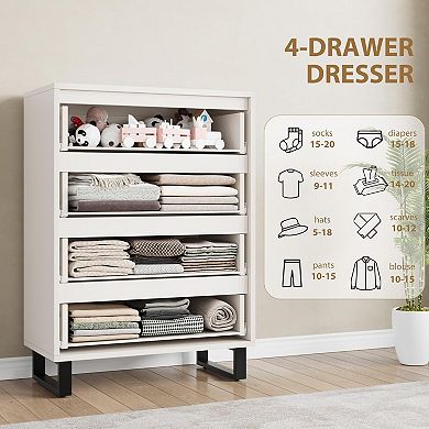 Freestanding Vertical Storage Cabinet: A 41.5" Tall 4-Drawer Wood Chest for Multi-Room Use.