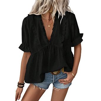 Womens Butterfly Sleeve V Neck Casual Flowy Ruffle Short Sleeve Shirts