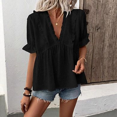 Womens Butterfly Sleeve V Neck Casual Flowy Ruffle Short Sleeve Shirts