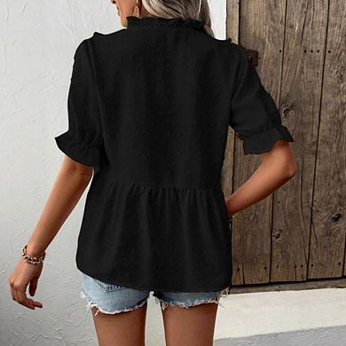 Womens Butterfly Sleeve V Neck Casual Flowy Ruffle Short Sleeve Shirts