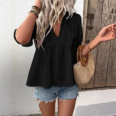 Womens Butterfly Sleeve V Neck Casual Flowy Ruffle Short Sleeve Shirts