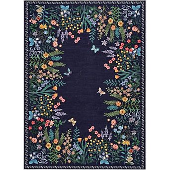 Boho Floral Washable Rug - Soft Non-Slip Indoor Carpet, Slim Faux Wool Rug