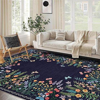 Boho Floral Washable Rug - Soft Non-Slip Indoor Carpet, Slim Faux Wool Rug