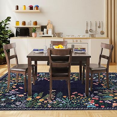 Boho Floral Washable Rug - Soft Non-Slip Indoor Carpet, Slim Faux Wool Rug