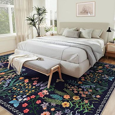 Boho Floral Washable Rug - Soft Non-Slip Indoor Carpet, Slim Faux Wool Rug