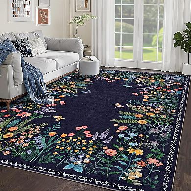 Boho Floral Washable Rug - Soft Non-Slip Indoor Carpet, Slim Faux Wool Rug