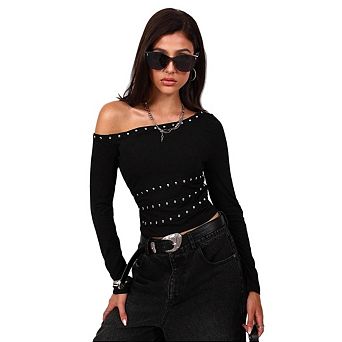 Women's Y2k Punk Studded Off Shoulder Long Sleeve Solid Shirts